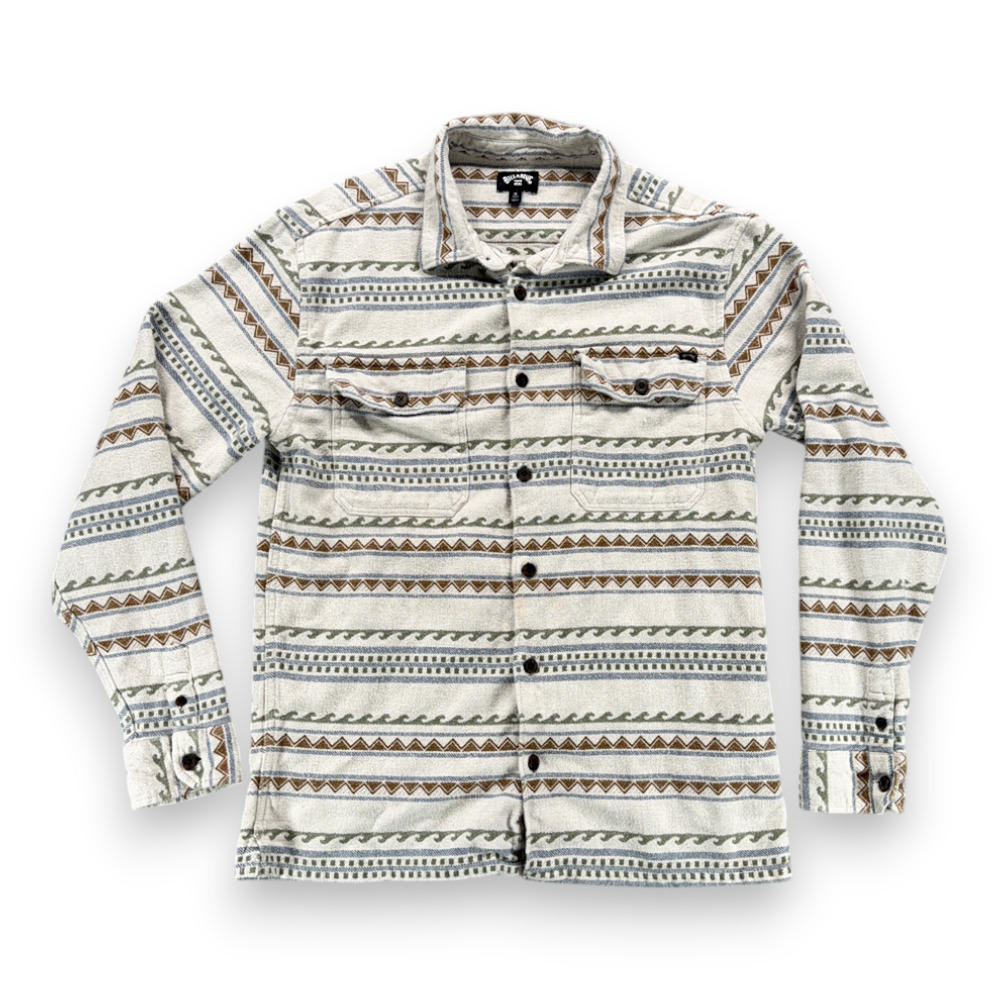 Billabong Shirt Adult MEDIUM White Brown Blue Striped Geometric Flannel Surf